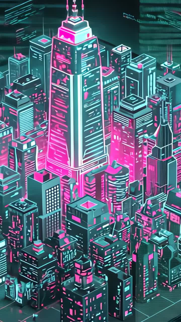 Vídeo vertical: órbita da câmera revelando um arranha-céu de neon no vazio, mostrando glifos flutuantes