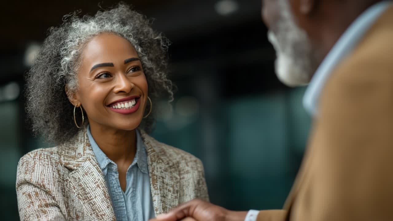 A Warm Encounter Captured: Two Individuals Engaging in a Friendly Handshake and Conversation, Highlighting Connection, Happiness, and Professional Relationship Amidst a Sophisticated Environment