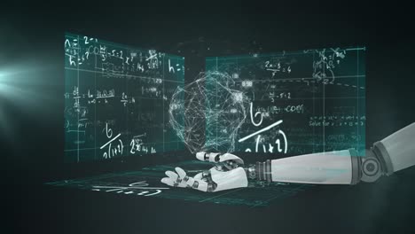 animation of robotic arm with shape over mathematical equations