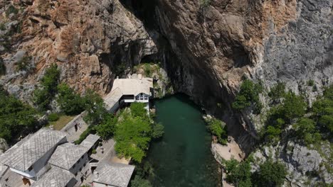 tekija in blagaj and the source of the buna river, shot by drone, the tekke in blagaj is a national monument