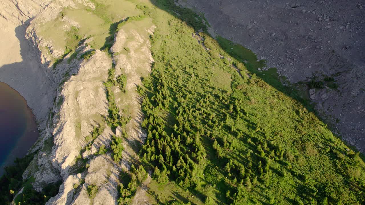 aérea de arriba hacia abajo del lago alpino y el bosque del lago carnarvon, kananaskis, alberta, canadá