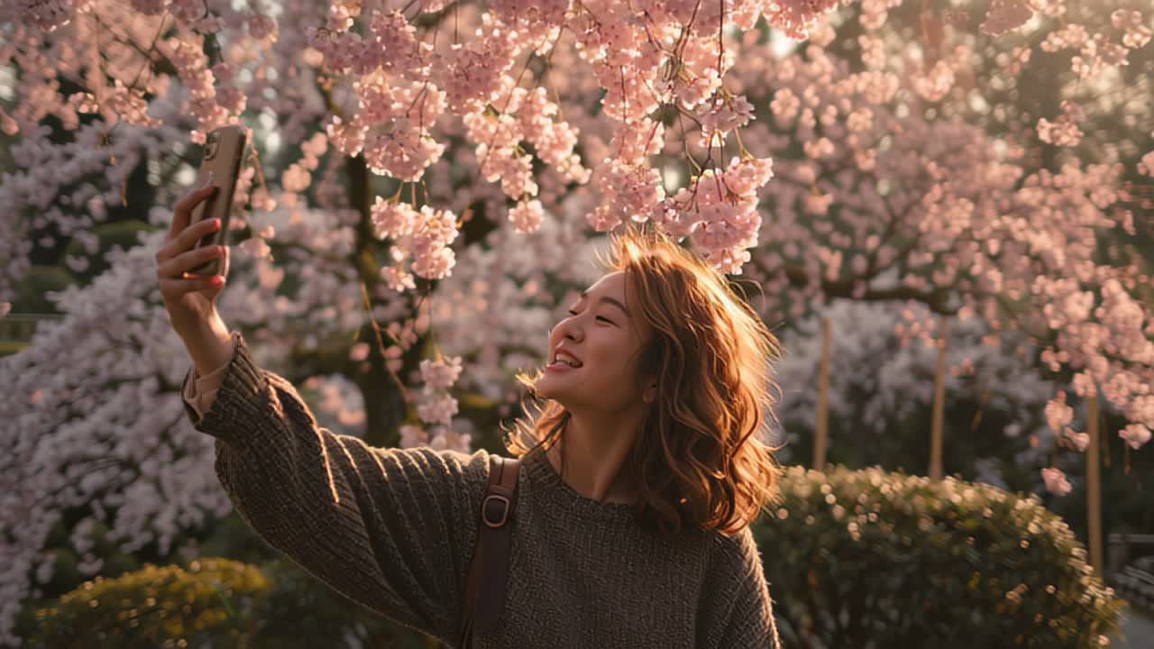 Cheerful young woman taking a selfie with smartphone under blooming cherry blossoms in a tranquil spring garden at golden hour, capturing seasonal beauty, travel and lifestyle content outdoors