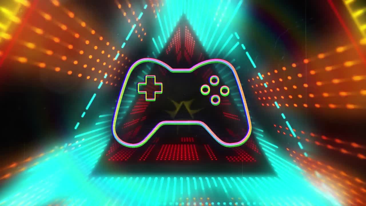 animación de la plataforma de videojuegos de neón sobre un túnel de neón brillante.