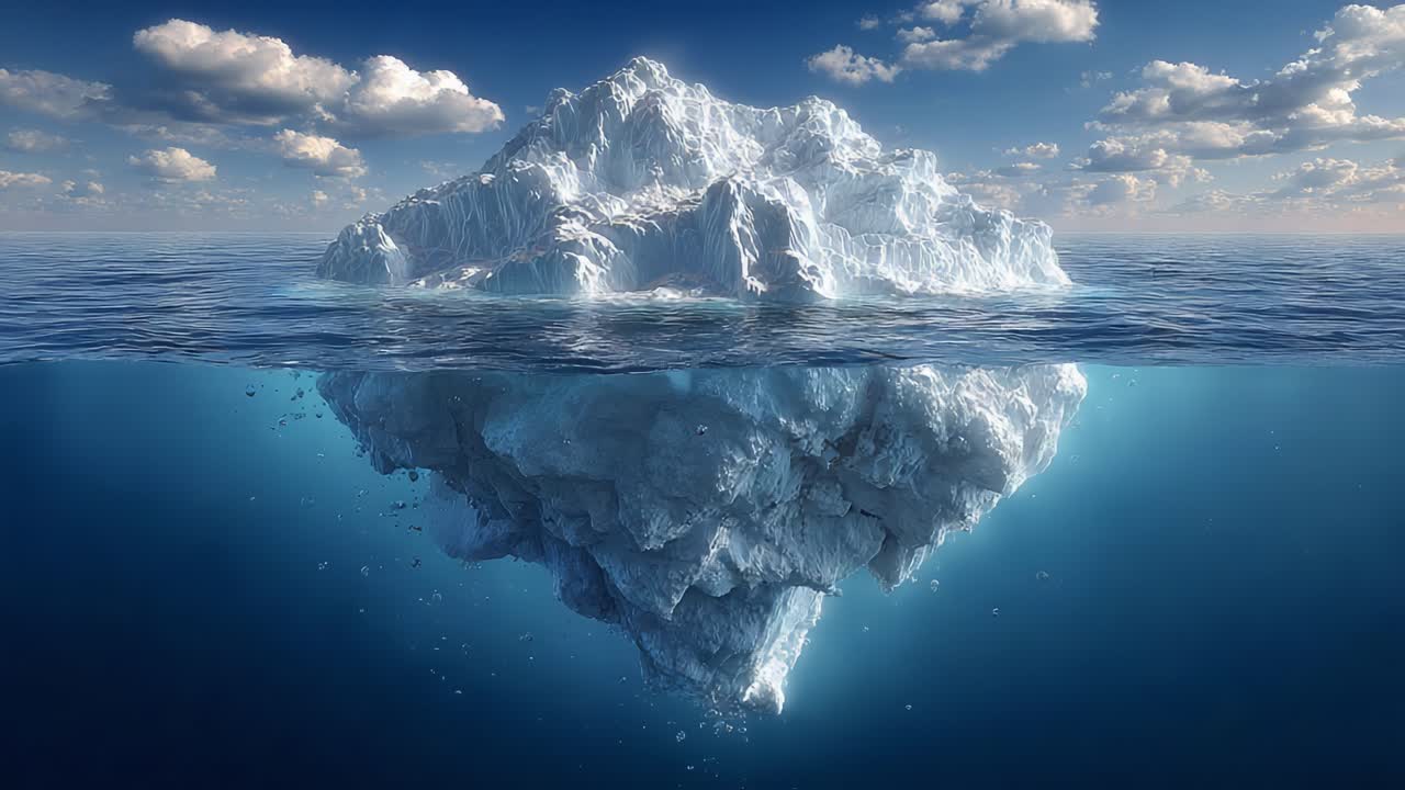 Breathtaking Iceberg Surrounded by Crystal Clear Waters Underneath a Gorgeous Sky, Capturing the Intricate Beauty of Nature's Frozen Formations Above and Below the Surface