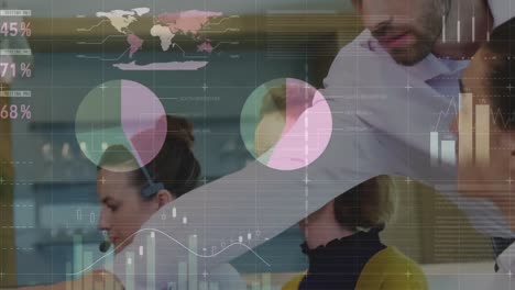 animación del registro de estadísticas sobre personas de negocios que usan auriculares telefónicos