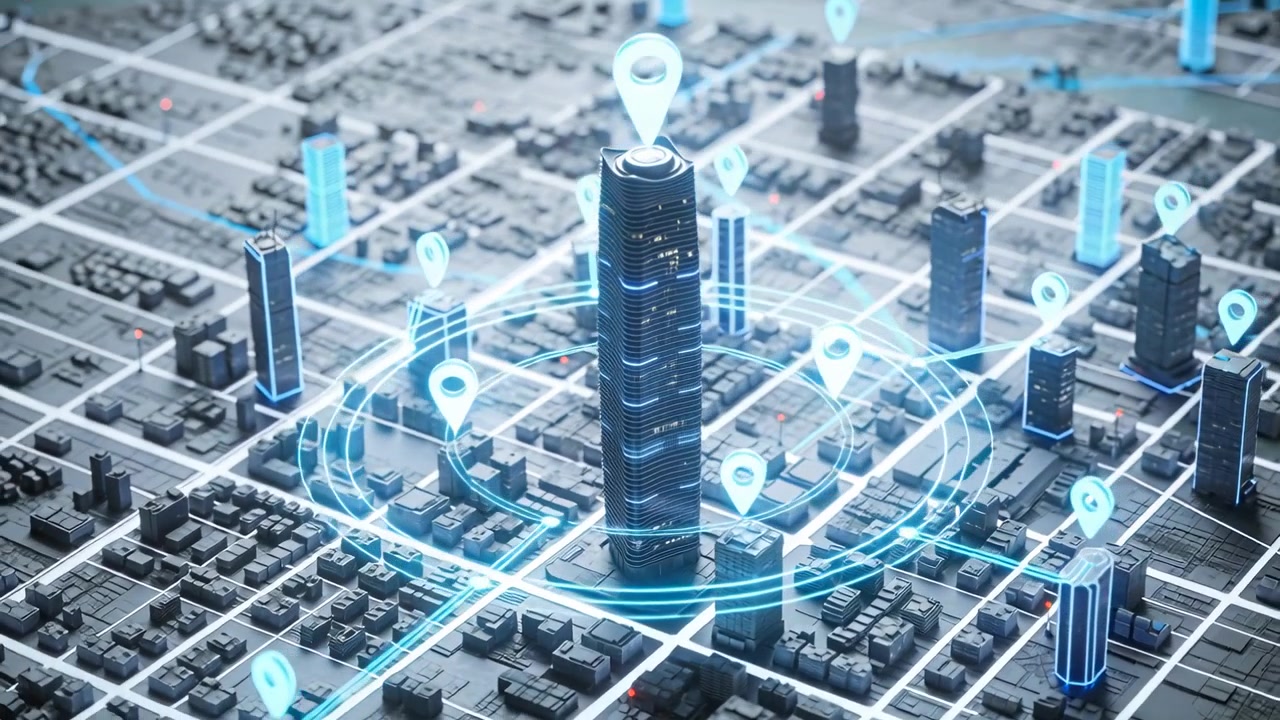 Un segnaposto blu appare, indicando una torre centrale su una mappa digitale, con anelli ciano che pulsano e collegano i segnaposto.