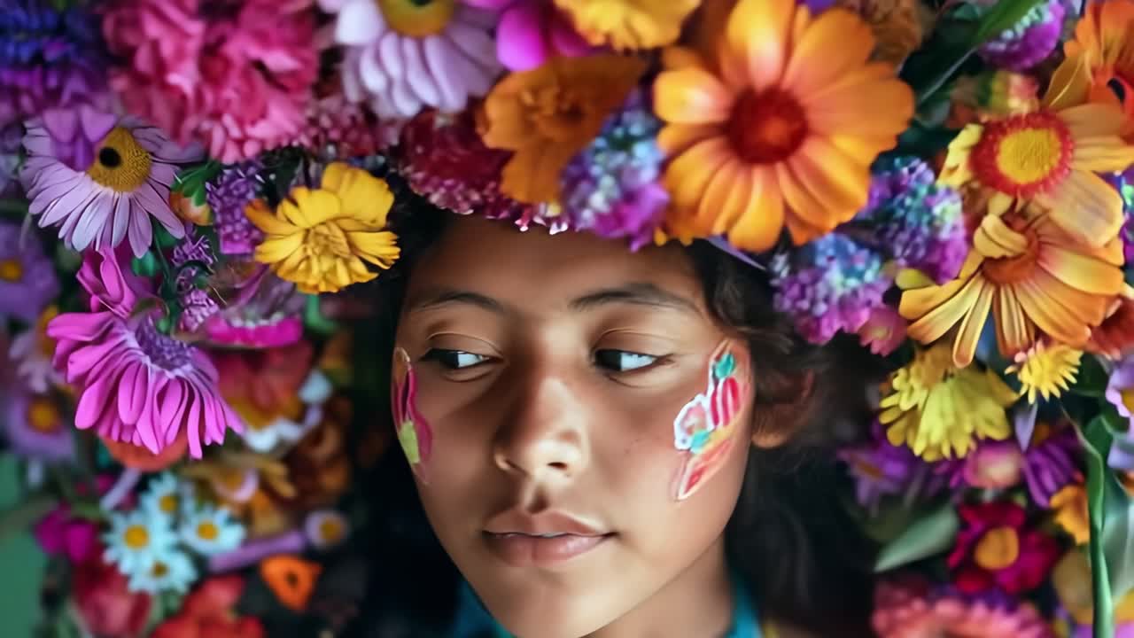 Multicolored flower crown adorning pensive individual, soft petals framing contemplative facial features against neutral background, highlighting emotional depth through botanical styling