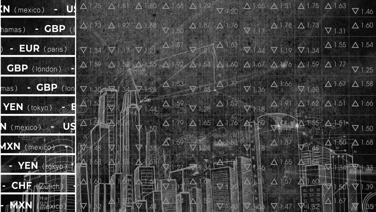 Animation of multiple countries currency names and connected dots over triangles against cityscape