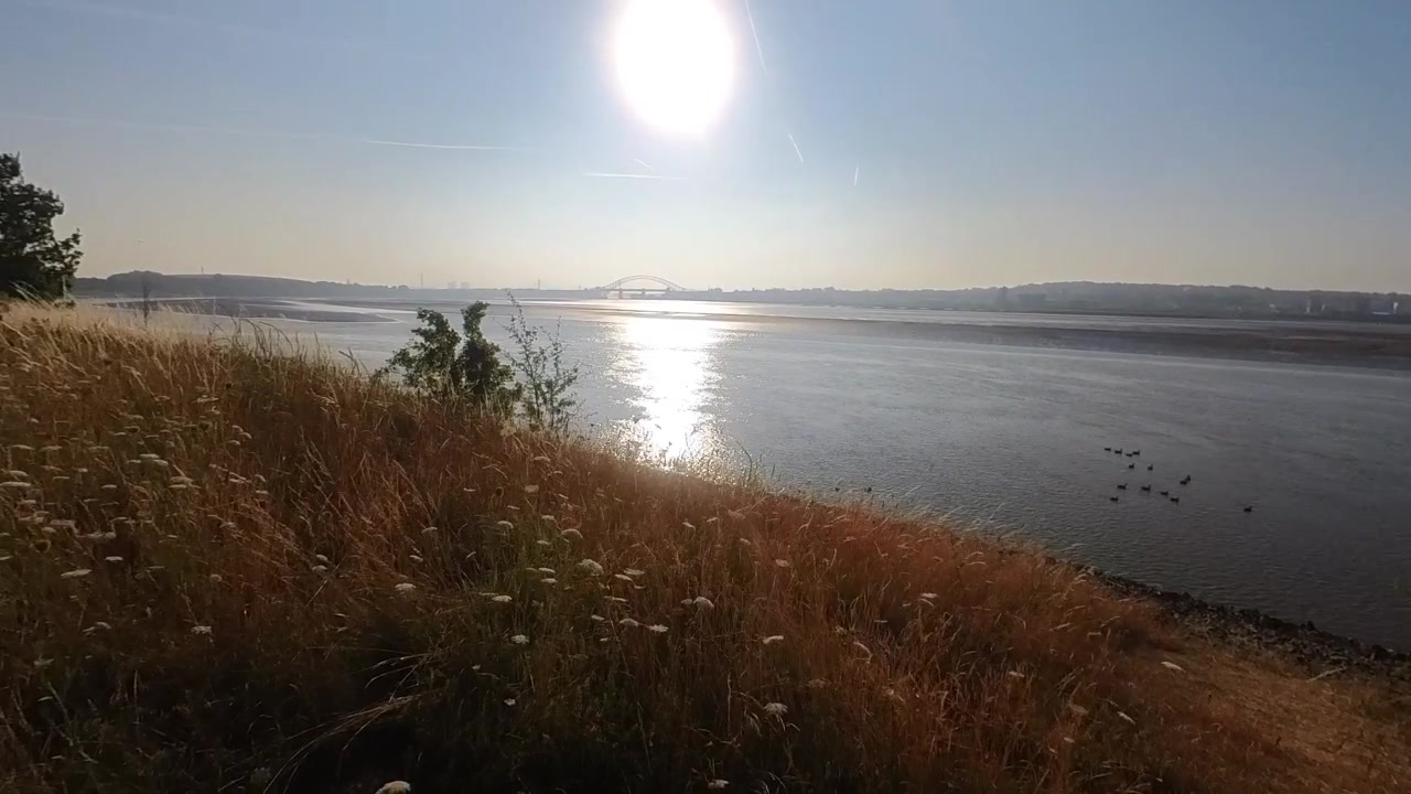 Glimtende solbeskinnet Mersey-flod med gyldne bredder set fra Pickering's græsgangs naturreservat