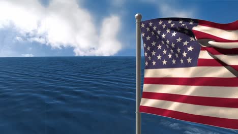 Animation-of-sea-and-clouds-with-american-flag-waving