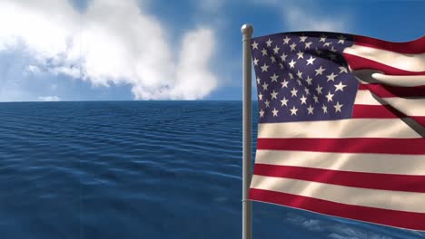 animation of sea and clouds with american flag waving