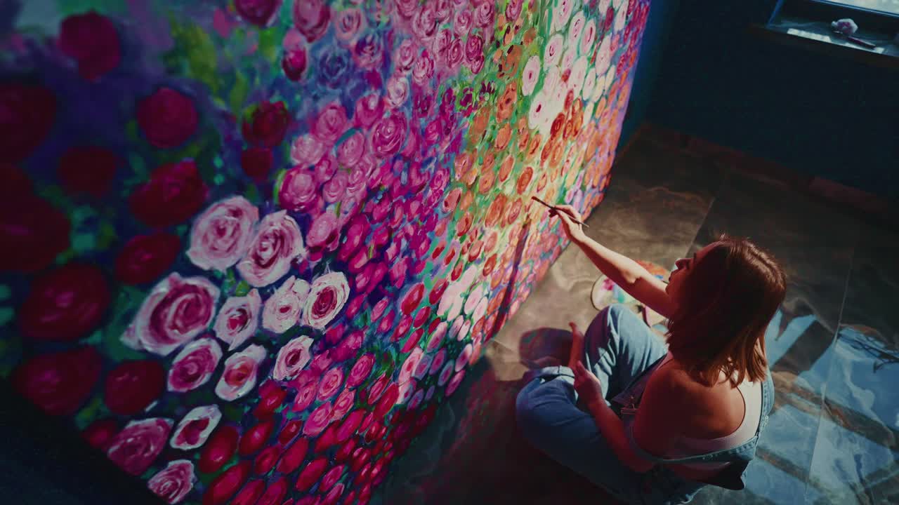 Jovem Mulher Pintando Obra de Arte Floral Vibrante em Tela Grande