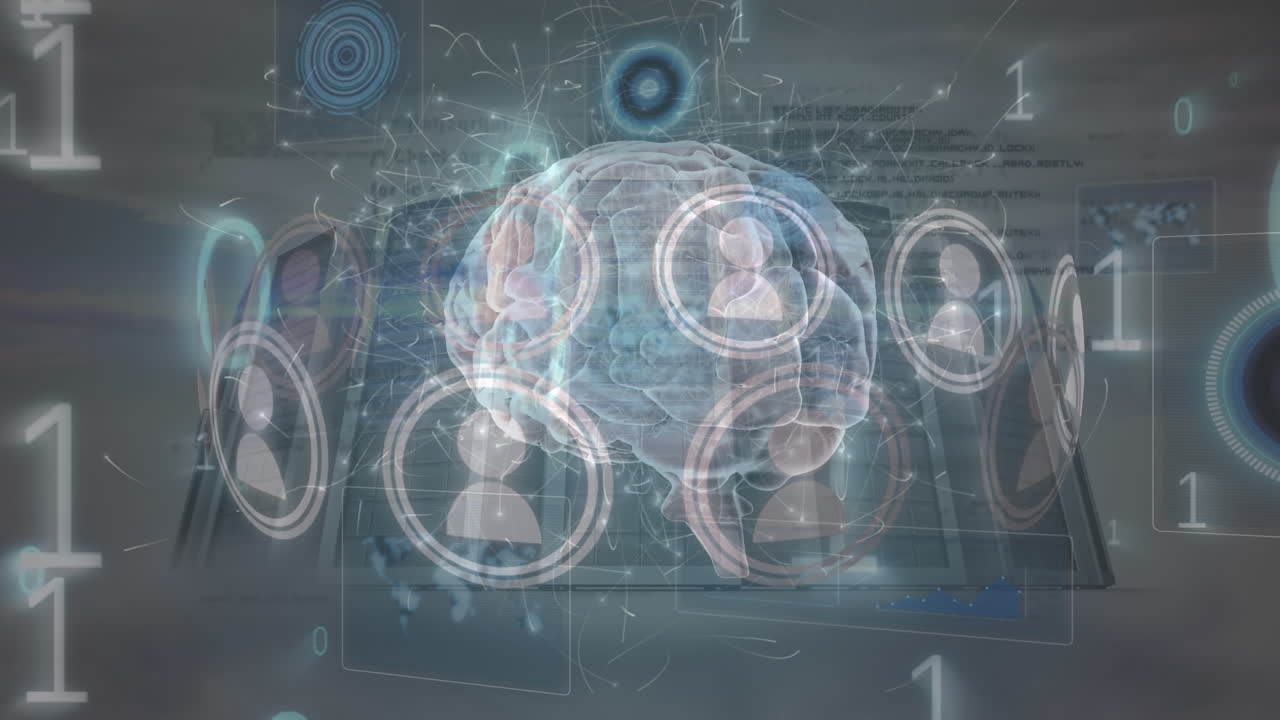 Animation of binary code, user icons and brain over servers