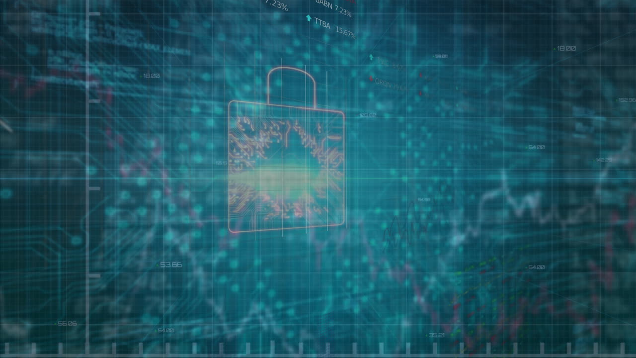 Illustrating data security, digital padlock with financial graphs for market analysis