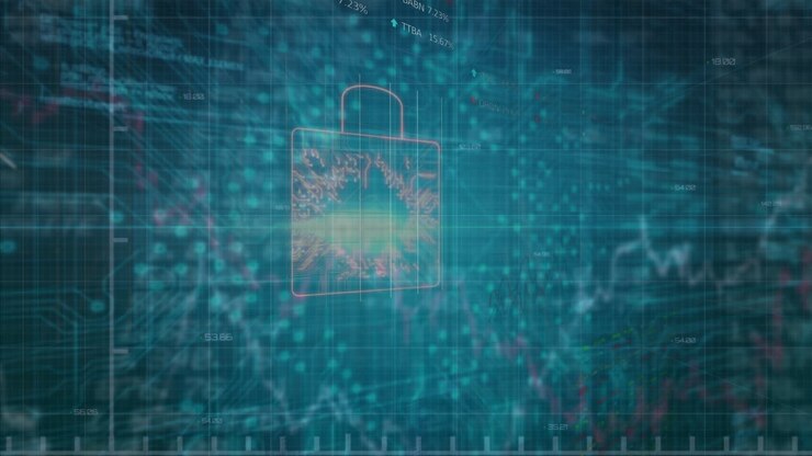 Illustrazione della sicurezza dei dati, lucchetto digitale con grafici finanziari per l'analisi di mercato
