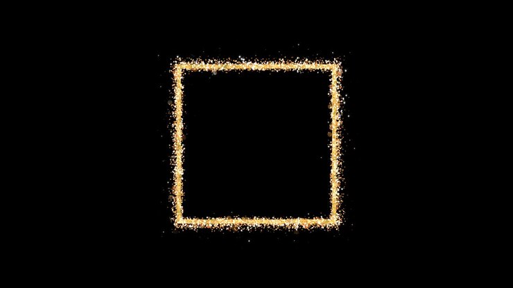 Golden frame. An empty square emits shiny particles of glitter on a black background. Element for celebratory composition. Looping 3D animation
