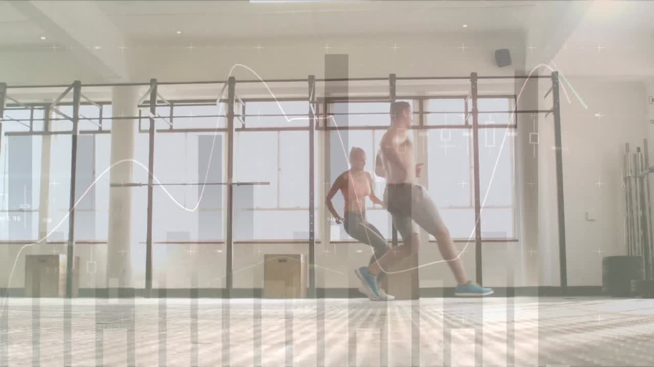 사무실에서 걸어다니는 사업가들에 대한 금융 데이터 처리 애니메이션