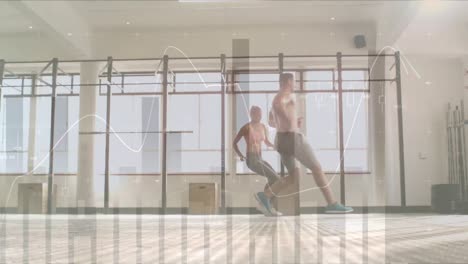 animación del procesamiento de datos financieros sobre personas de negocios caminando en la oficina