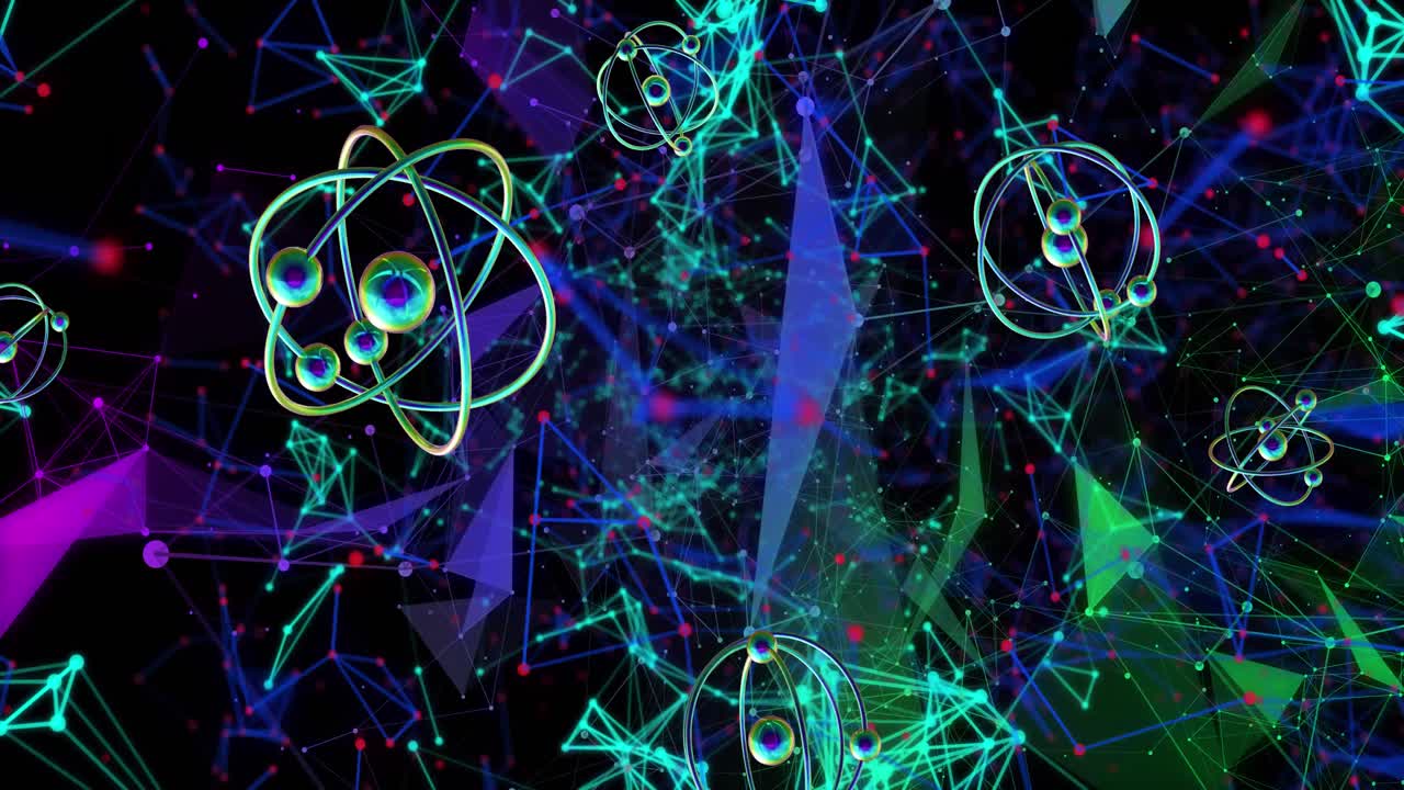 animación de modelos de átomos girando y conexiones en fondo negro
