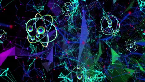 Animation-of-atom-models-spinning-and-connections-on-black-background