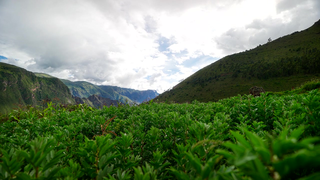 Vista della pittoresca e lussureggiante Valle Sacra nelle Ande peruviane, Perù, Sud America. Bellissimo paesaggio di montagna e vegetazione sotto un cielo nuvoloso in una regione rurale di altopiano