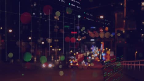 animation of dots, diverse data and graphs processing over blurred night road traffic