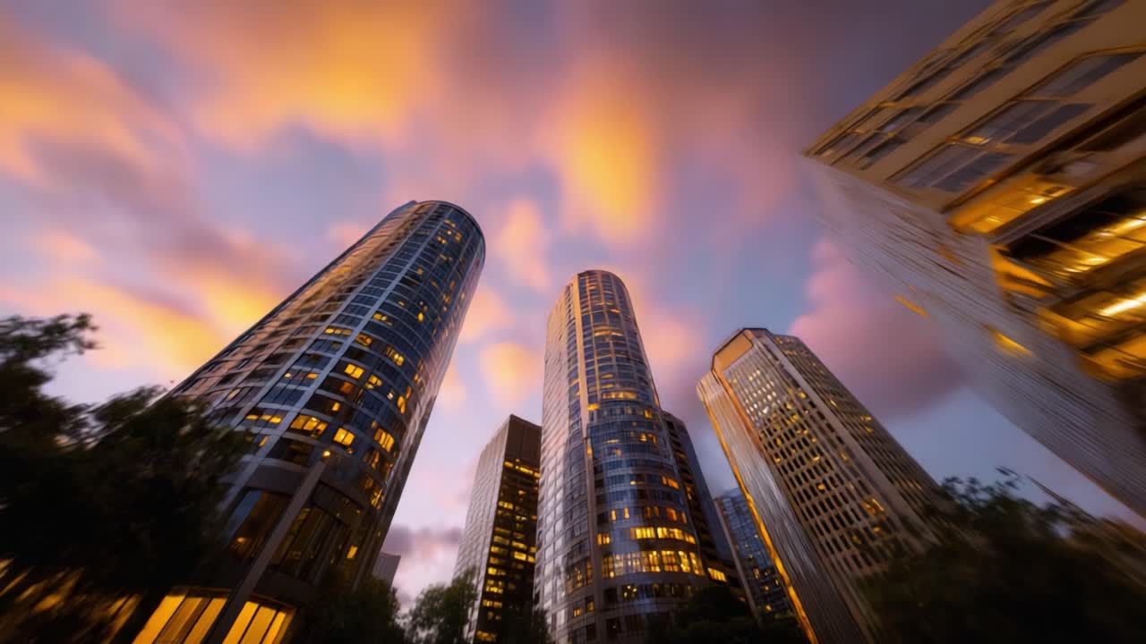 Tramonto spettacolare su grattacieli moderni illuminati dalle luci della città, con motivi di nuvole dinamiche e uno skyline urbano mozzafiato
