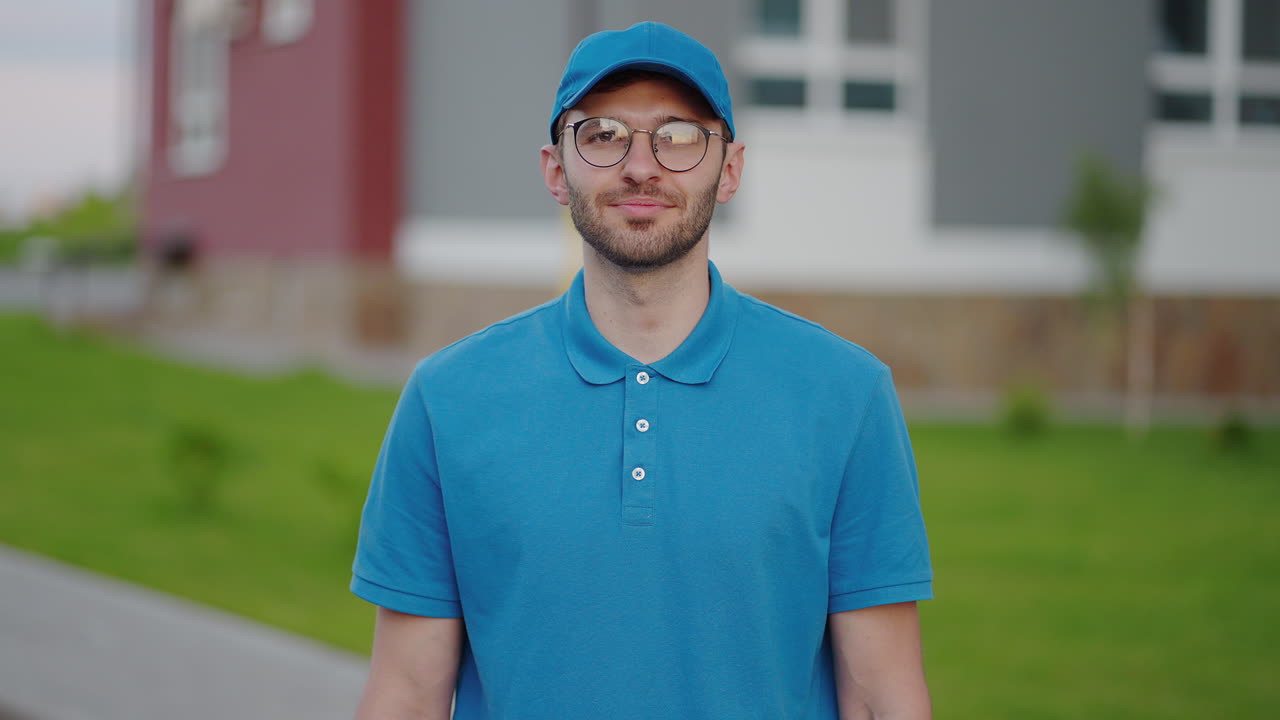 el repartidor feliz mira a la cámara y sonríe. retrato de un repartidor en cámara lenta. el cartero con gafas sonríe