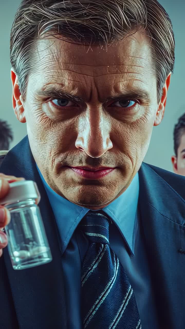 Vertical video: Stepping executive in suit holding vial narrowing gaze at office to show sample