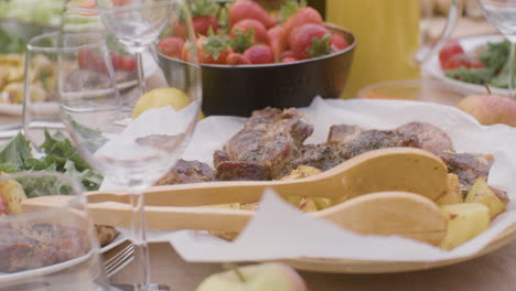 close-up de uma mesa de jantar com variedade de alimentos e bebidas para uma festa ao ar livre no parque 5