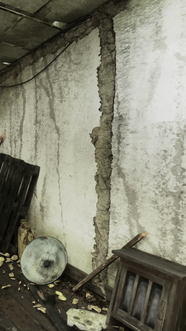 Wall cracks and debris in an abandoned building with old furniture