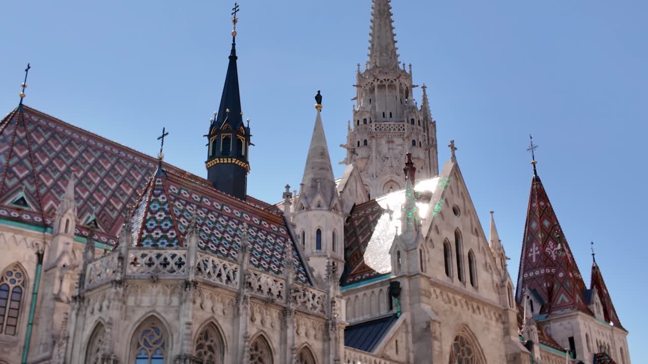 Ornate Matthias Church with patterned roof and spires in Budapest Hungary