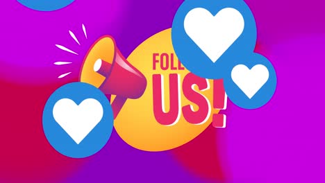 animation of follow us text and hearts over shapes