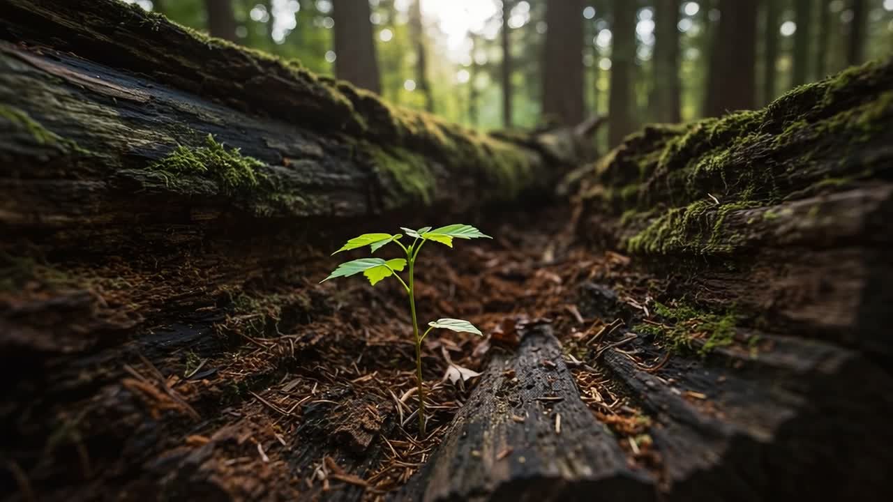 A Resilient Plant Flourishes in Decaying Wood, Showcasing Nature's Ability to Thrive Amidst Adversity in a Lush Forest Setting