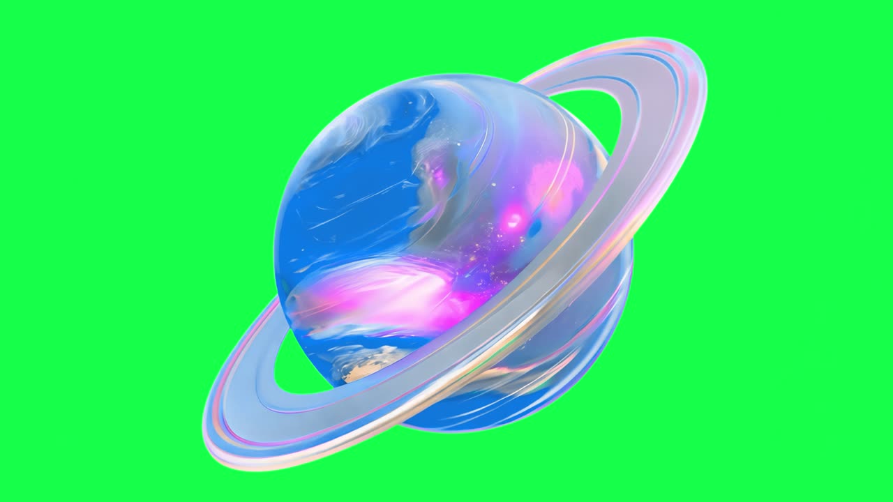 Vibrant cosmic planet with rings animation, transparent 4K video, green screen