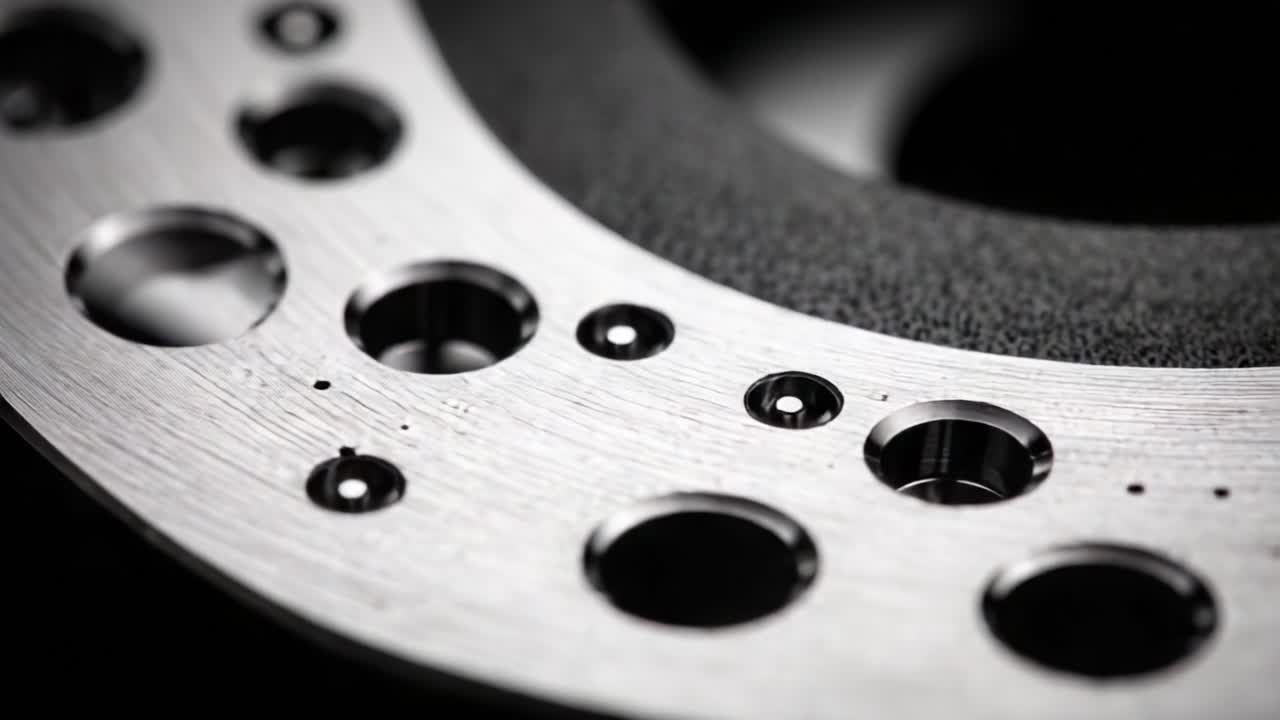 Tampilan Dekat Detail dari Komponen Logam Presisi yang Menampilkan Beberapa Lubang Melingkar dan Tekstur Halus, Menyoroti Kerumitan Desain Rekayasa.