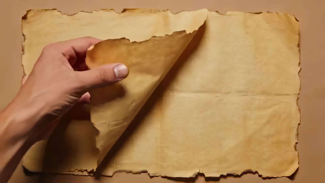 Reaching hand pinching, lifting parchment top-left corner on brown ...