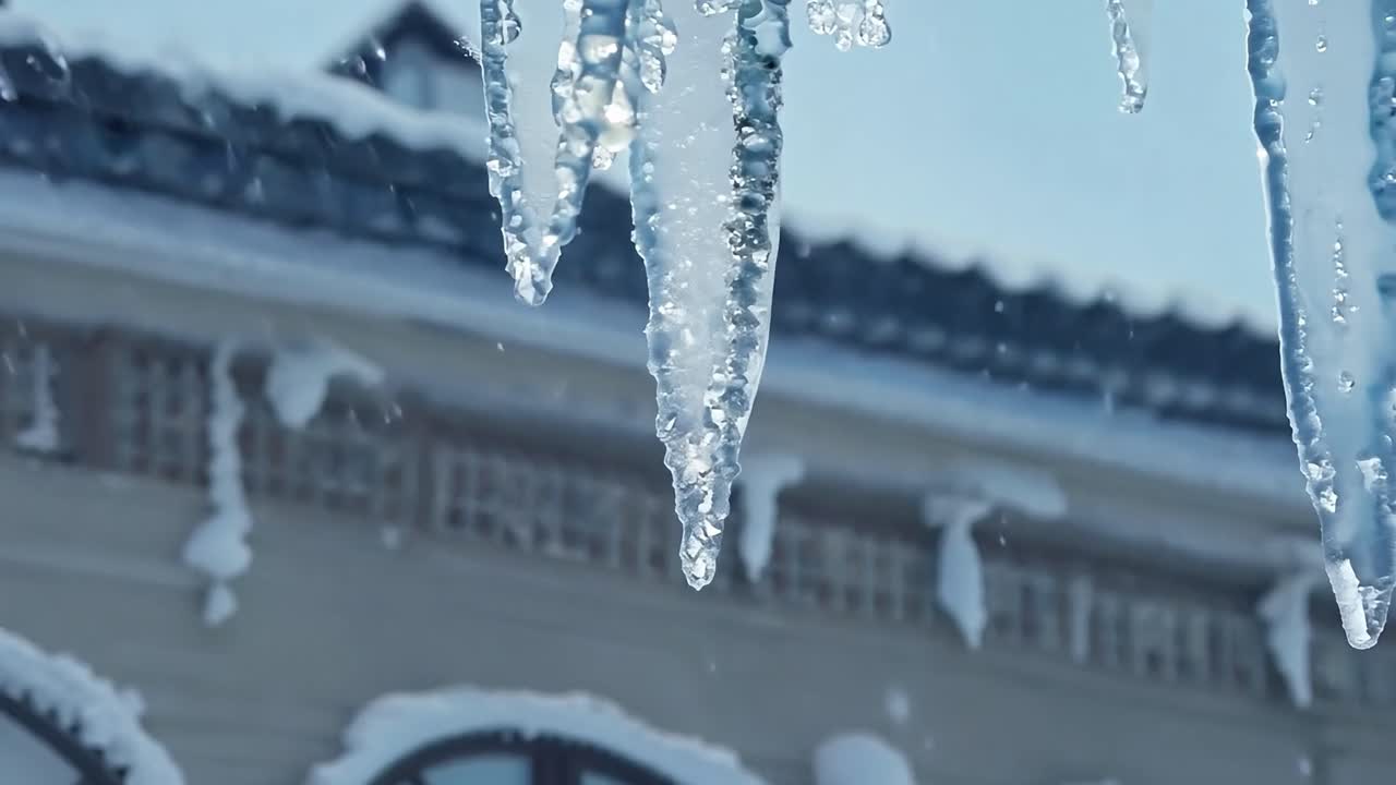 건물 지붕에 얼음이 녹고, 은 파란 하늘 아래 추운 겨울 날 물이 흘러내립니다.