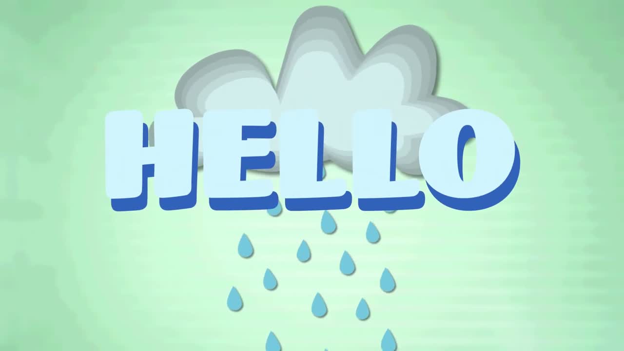 녹색 배경에 비가 내리는 구름 위에 안 ⁇ 하세요 텍스트의 애니메이션