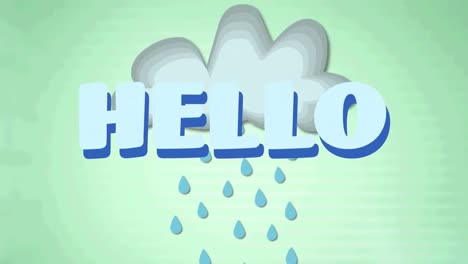 Animation-of-hello-text-over-cloud-with-rain-on-green-background