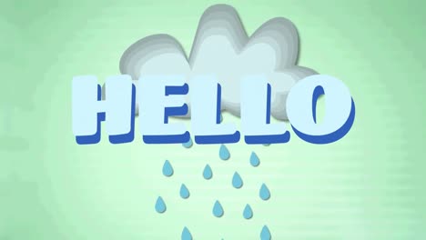 animation of hello text over cloud with rain on green background