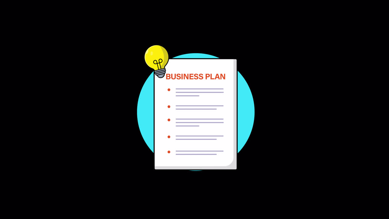 Animeret forretningsplansdokument med udviklende ideer og en glødepære