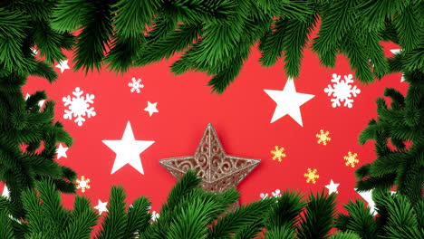 animación del marco del árbol de abeto de navidad sobre estrellas en fondo rojo