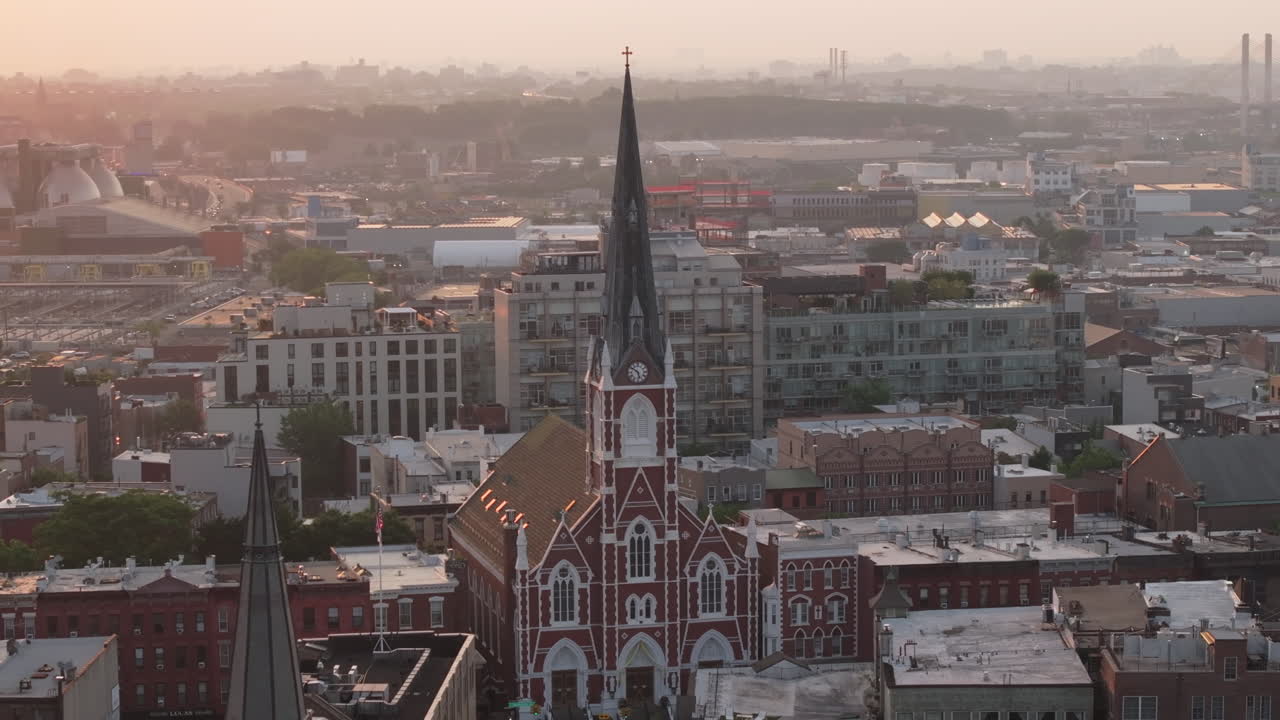 Aerial view of a church in Greenpoint, Brooklyn. Shot at sunrise