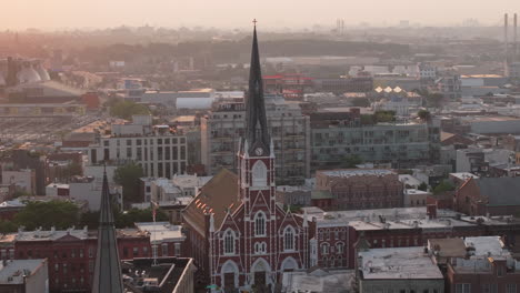 Aerial view of a church in Greenpoint, Brooklyn. Shot at sunrise