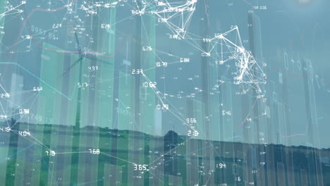 animation of network with numbers and statistics over wind turbine in countryside