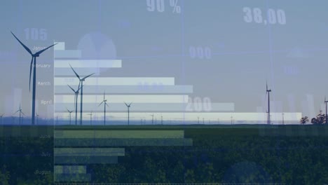 animation of statistical data processing over spinning windmills on grassland against grey sky