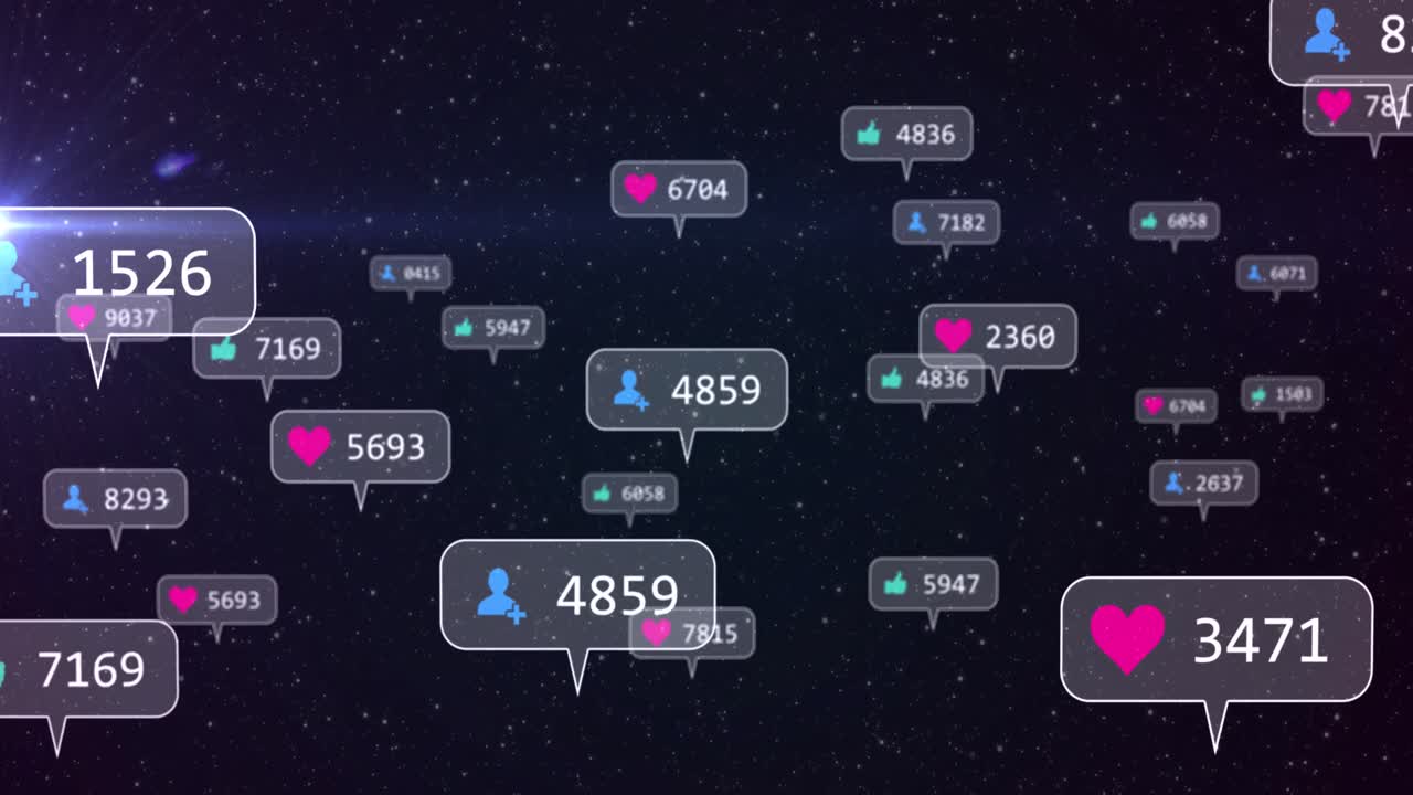 animación de iconos y números de redes sociales en banderas grises sobre estrellas en el cielo nocturno