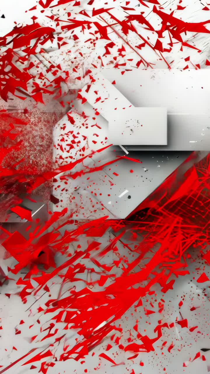 A white and red abstract painting with a lot of red splatters. The painting is full of shapes and lines, and the red splatters give it a sense of movement and energy