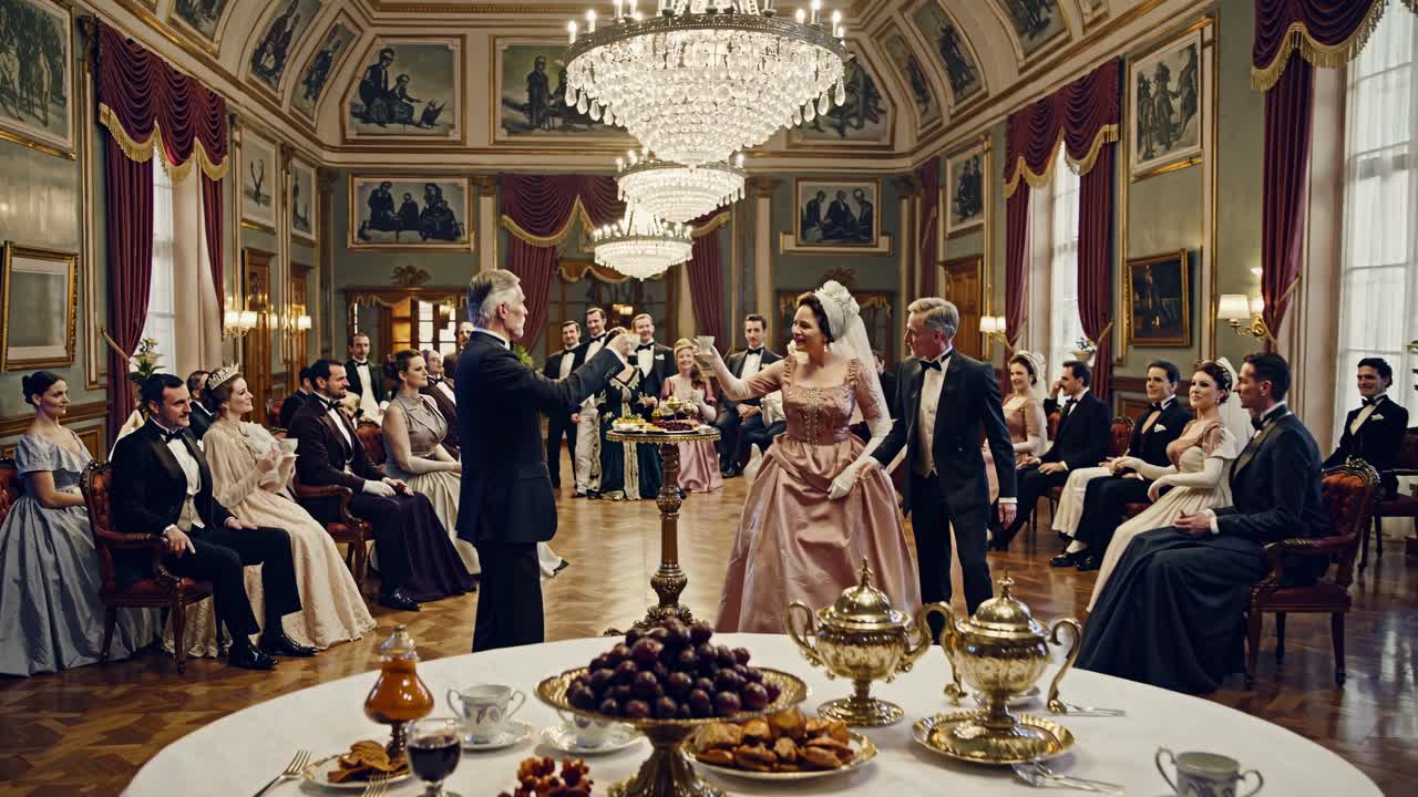 Cena elegante de um salão de baile com convidados em trajes de época, capturada de um ponto de vista grande angular, que lembra